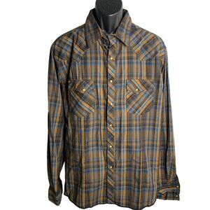 Wrangler Western Pearl Snap Shirt XL Brown Plaid Chest Pockets Sawtooth Yoke